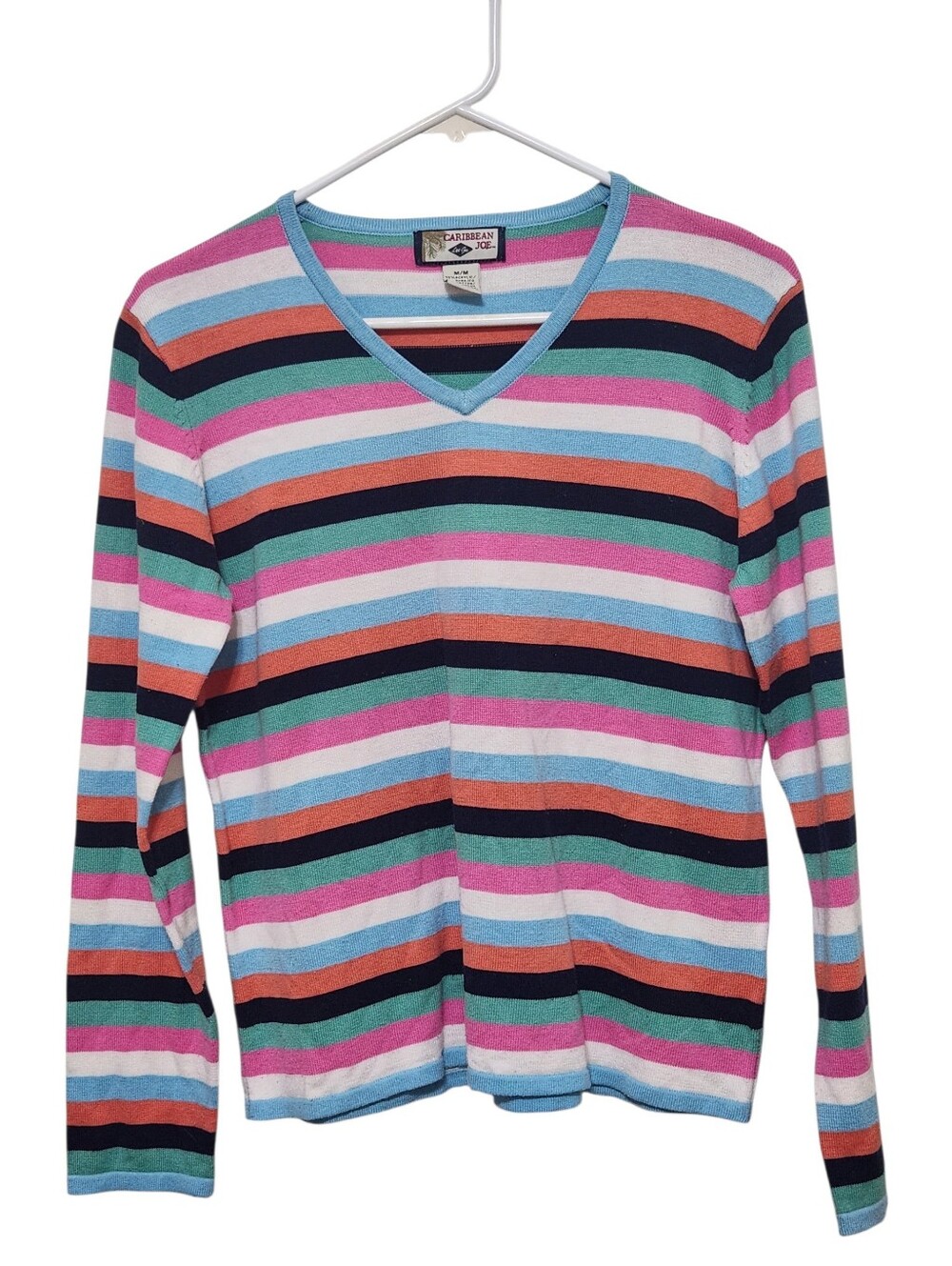 Caribbean Joe Long Sleeve Colorful Striped V-Neck Sweater